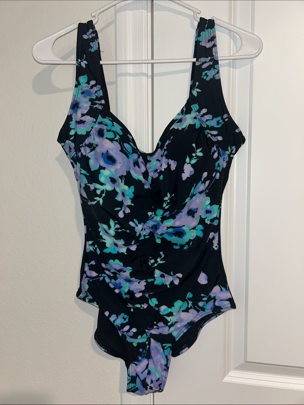 Floral Ruched One-Piece Swimsuit in Black with Teal & Lavender Accents